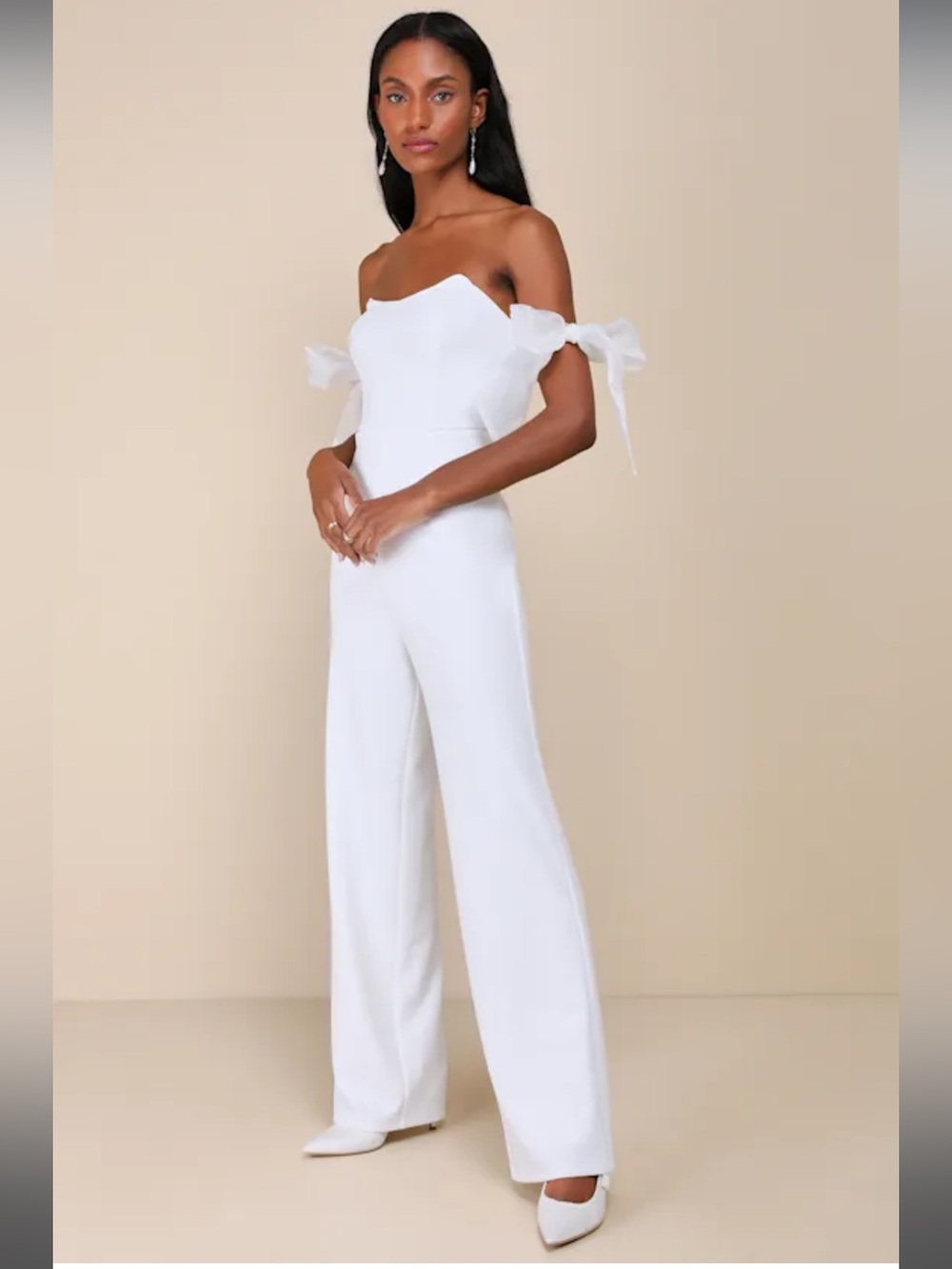 NWT-Pristine Aura White Tie-Strap Off-the-Shoulder Jumpsuit - Picture 3 of 16